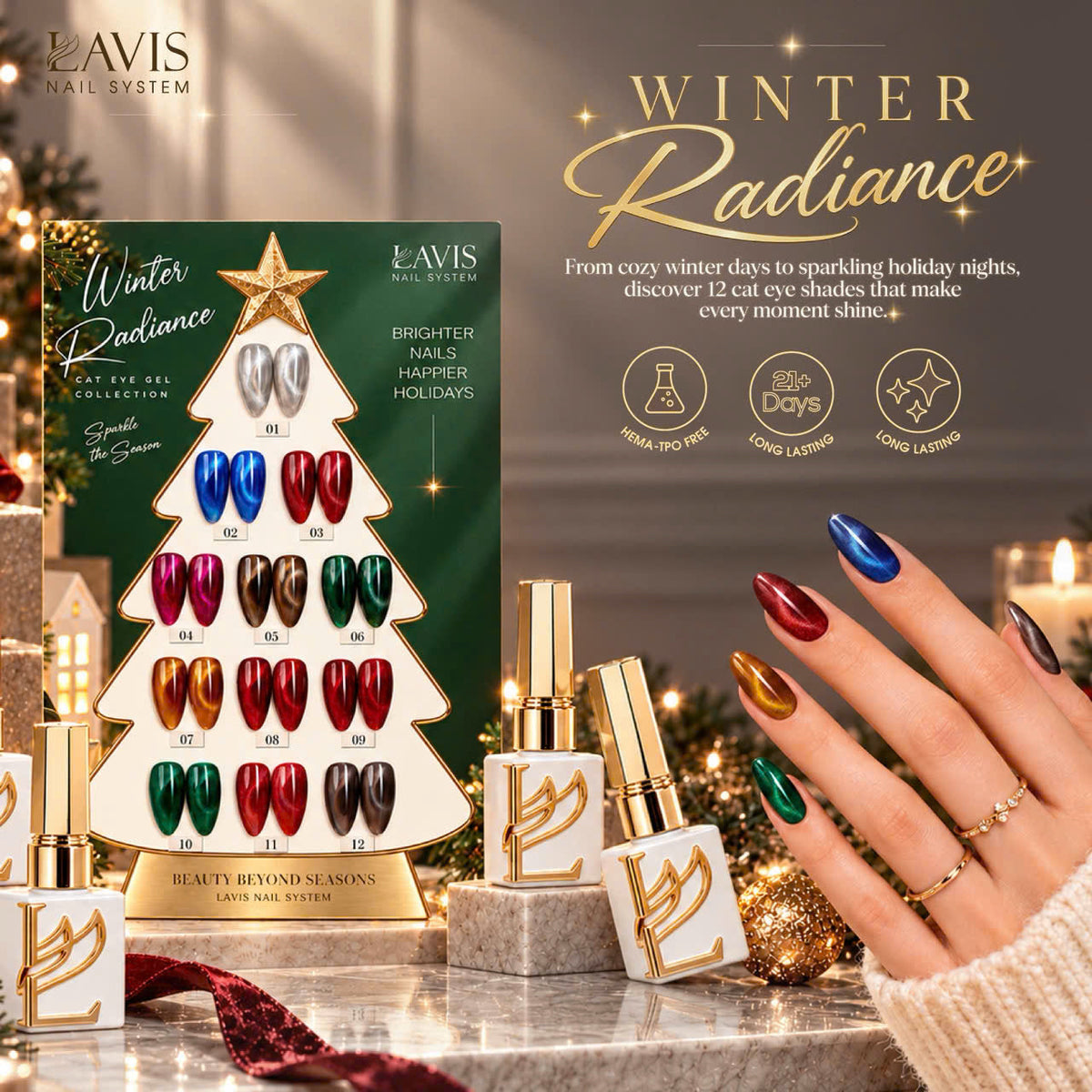 LAVIS Cat Eye Winter Radiance Set, 12 Colors + FREE Sample Color Chart + FREE Cat Eye Magnet