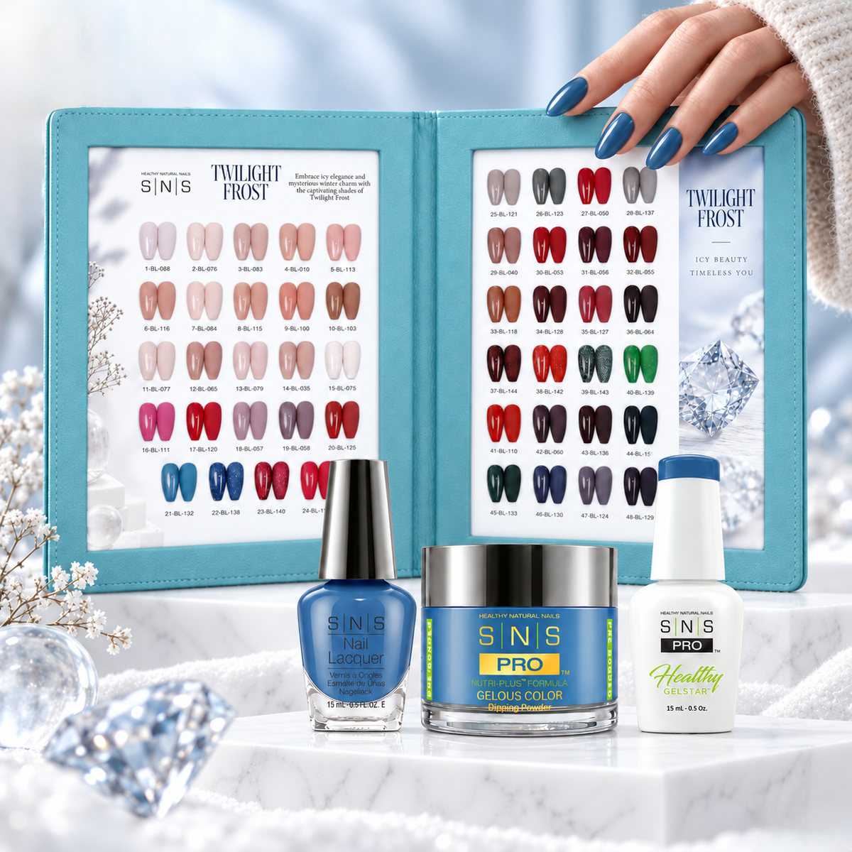 SNS Pro 4 in 1 Set 48 Colors Dip & Acrylic, Gel & Lacquer (Velvet Season, Twilight Frost or Burgundy Night) + FREE 48-Color Sample Book + FREE Cat Eye Set 12 Colors (Random)