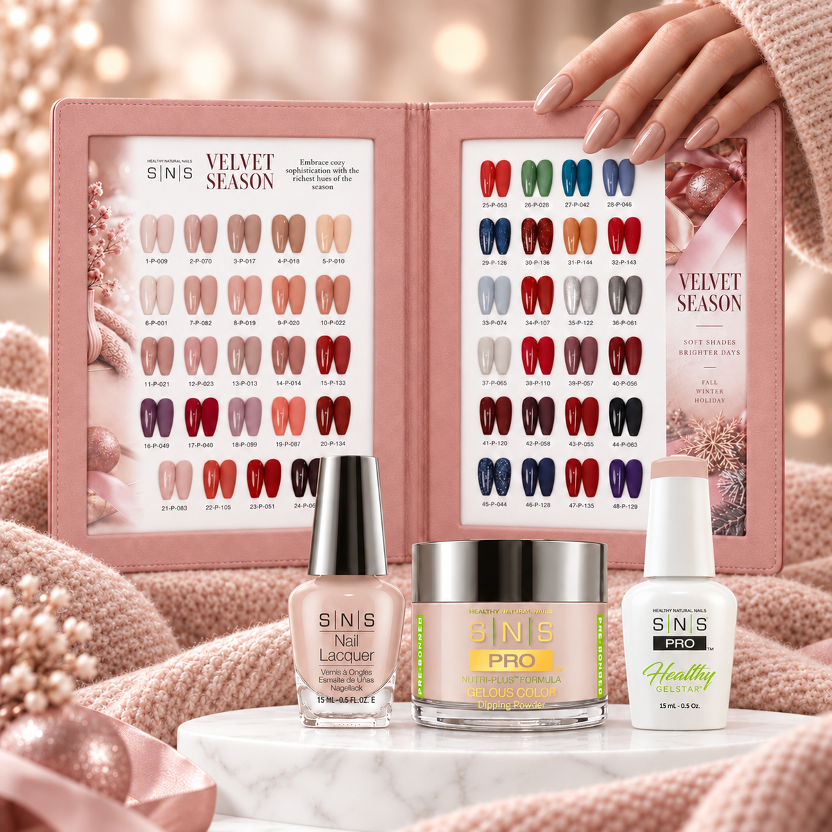SNS Pro 4 in 1 Set 48 Colors Dip & Acrylic, Gel & Lacquer (Velvet Season, Twilight Frost or Burgundy Night) + FREE 48-Color Sample Book + FREE Cat Eye Set 12 Colors (Random)
