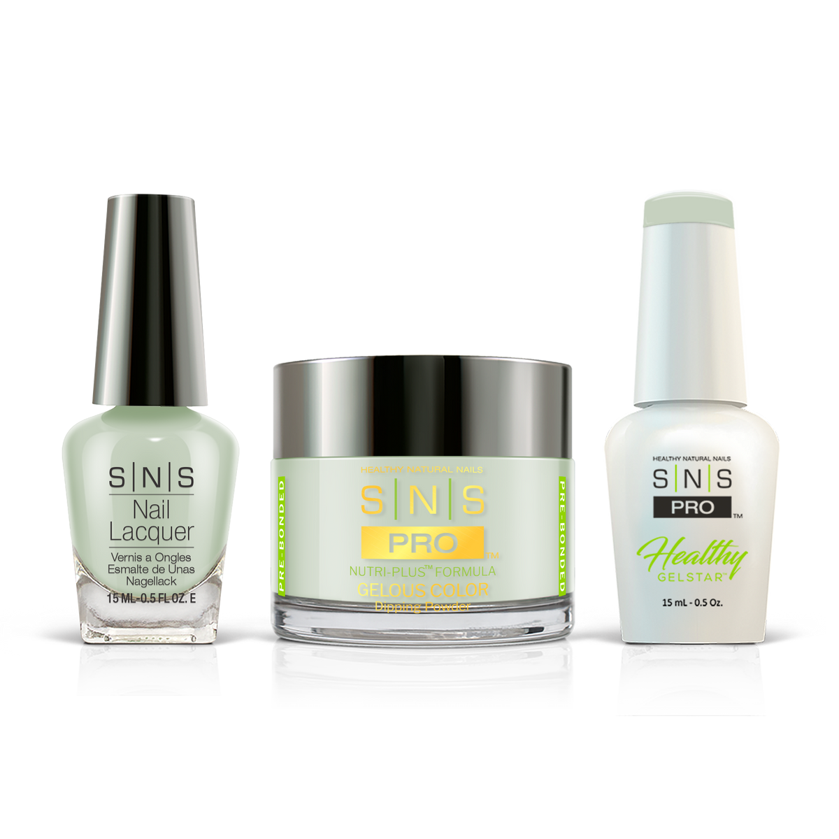 SNS 3-in-1 Set #017 Pale Sage: dip powder jar, GelStar gel polish and nail lacquer bottles, Beige Book Collection