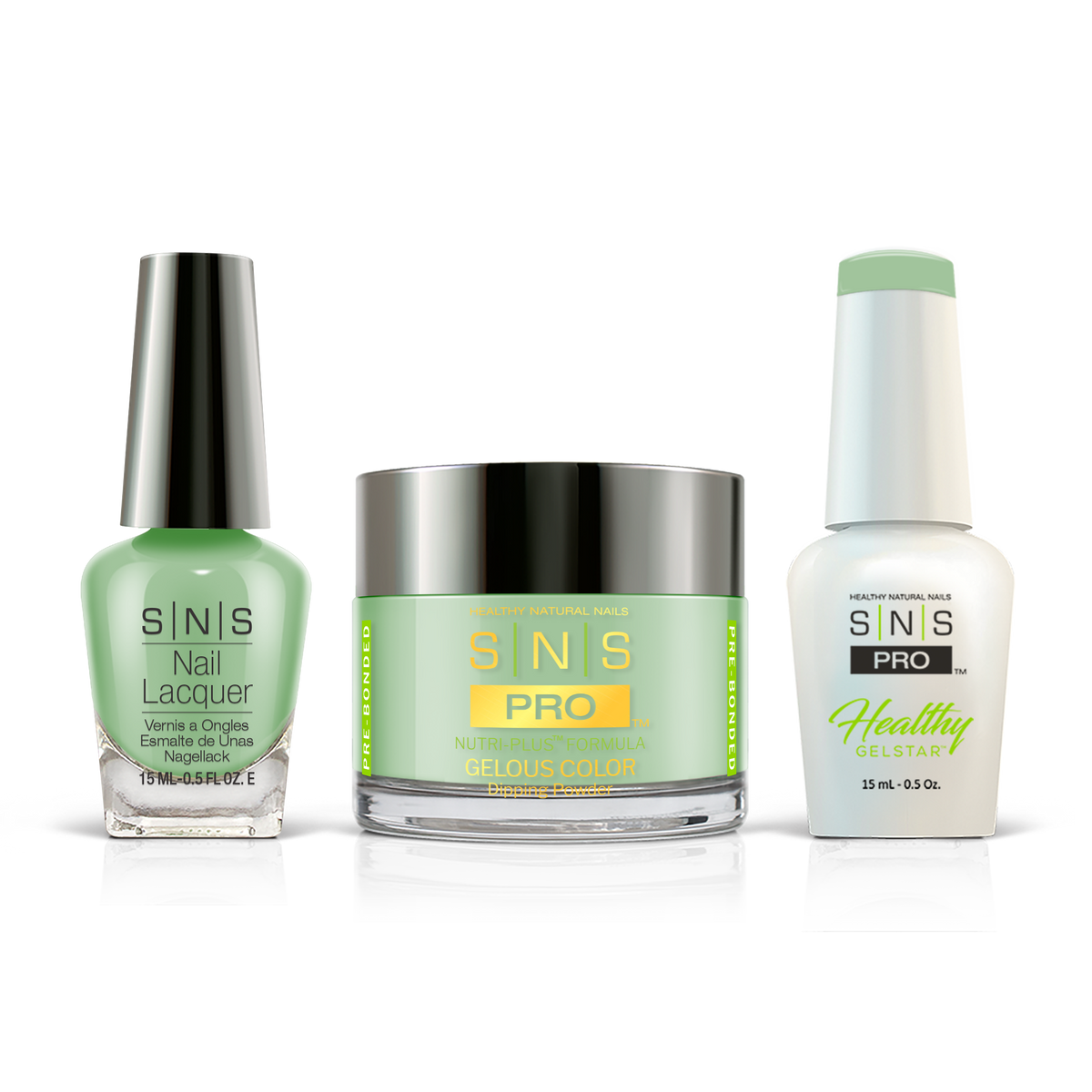 SNS 3-in-1 Set #018 Green: dip powder jar, GelStar gel polish and nail lacquer bottles, Beige Book Collection