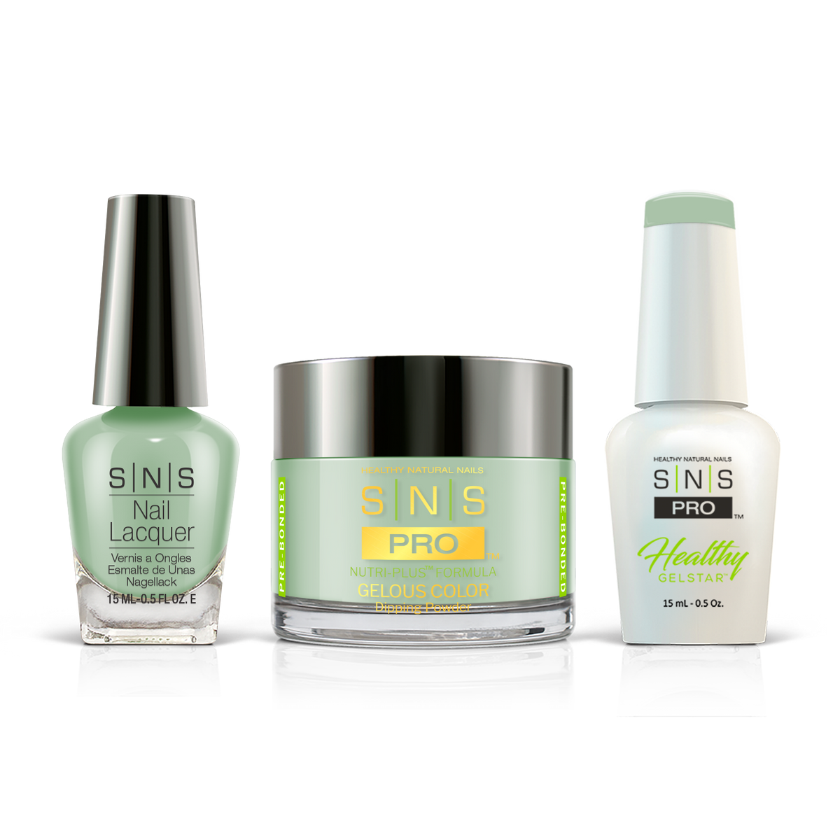SNS 3-in-1 Set #019 Green: dip powder jar, GelStar gel polish and nail lacquer bottles, Beige Book Collection