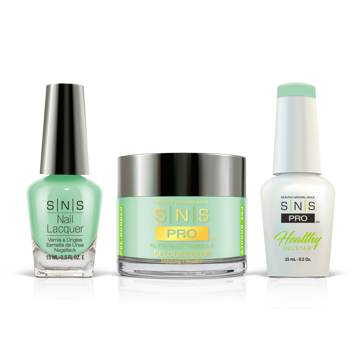 SNS 3-in-1 Set #020 Mint Green: dip powder jar, GelStar gel polish and nail lacquer bottles, Beige Book Collection