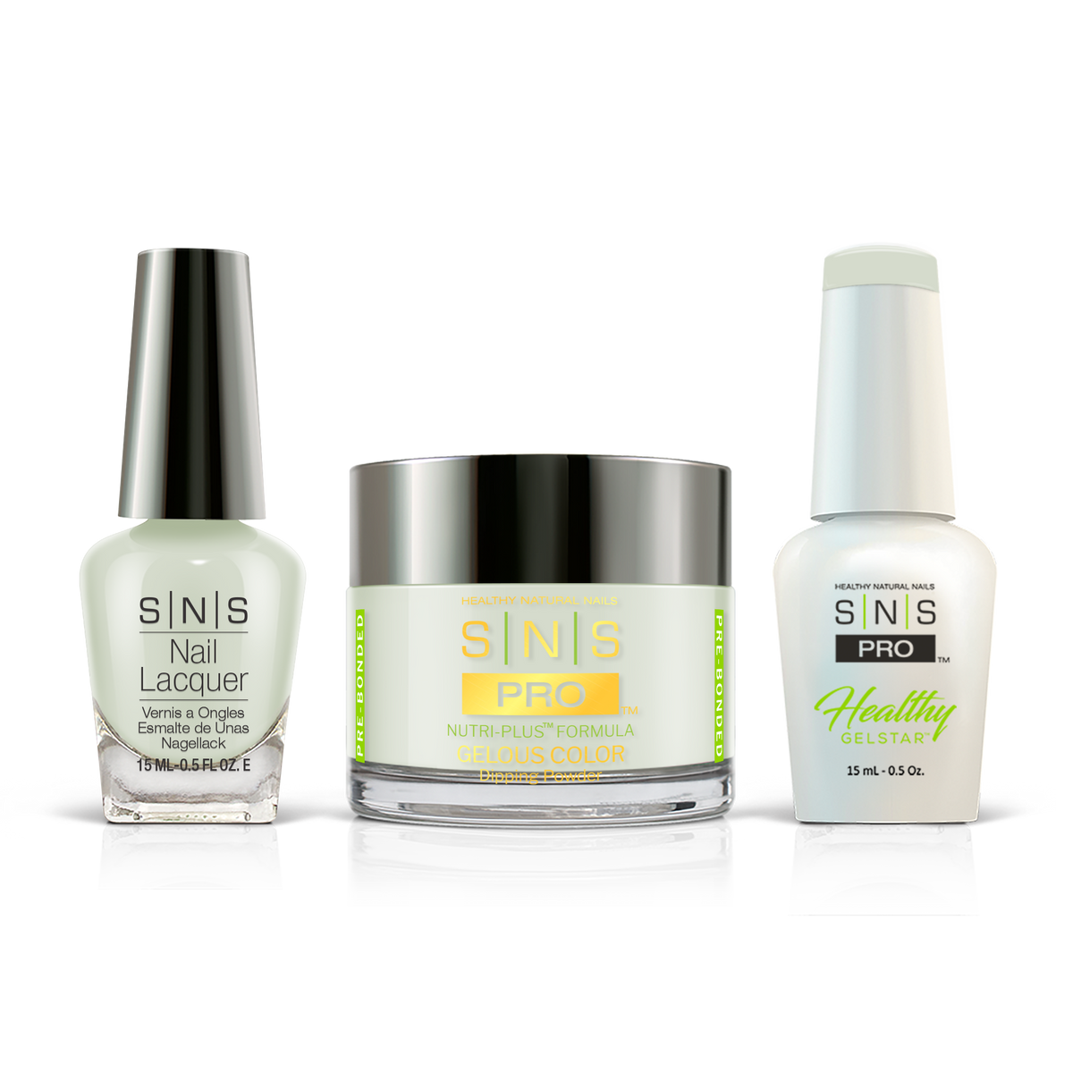 SNS 3-in-1 Set #025 Pale Sage: dip powder jar, GelStar gel polish and nail lacquer bottles, Beige Book Collection