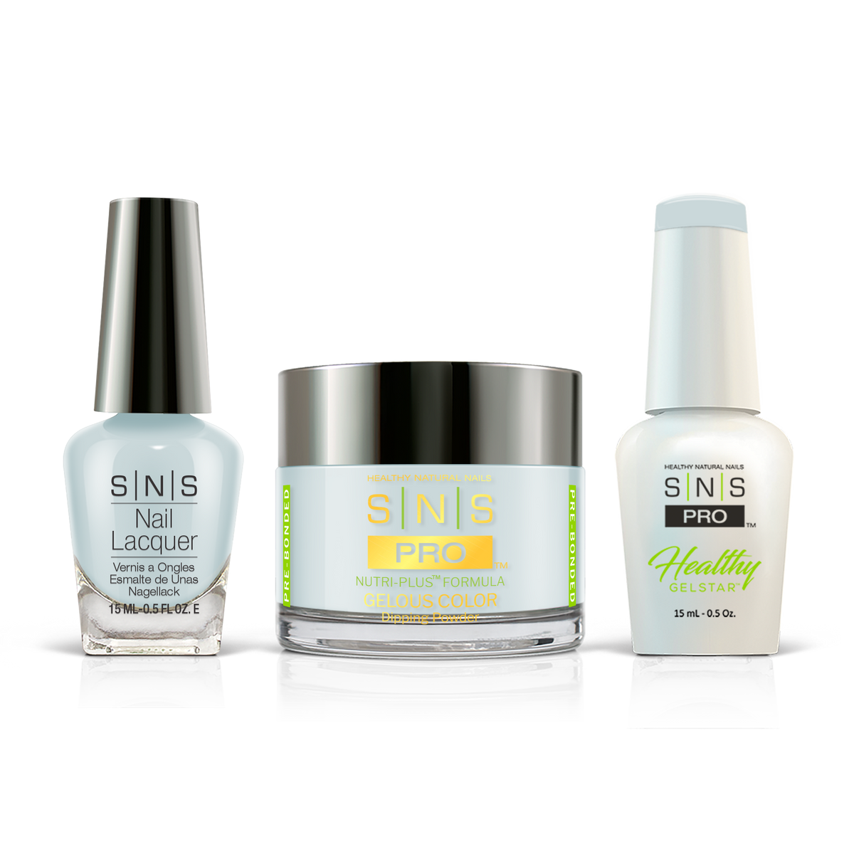 SNS 3-in-1 Set #026 Ice Blue: dip powder jar, GelStar gel polish and nail lacquer bottles, Beige Book Collection