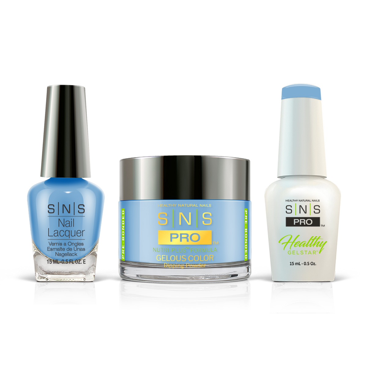 SNS 3-in-1 Set #027 Blue: dip powder jar, GelStar gel polish and nail lacquer bottles, Beige Book Collection