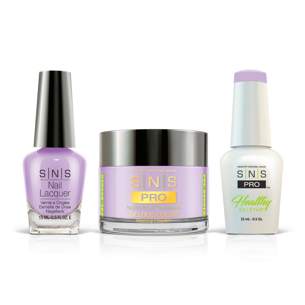 SNS 3-in-1 Set #043 Pale Lilac: dip powder jar, GelStar gel polish and nail lacquer bottles, Beige Book Collection