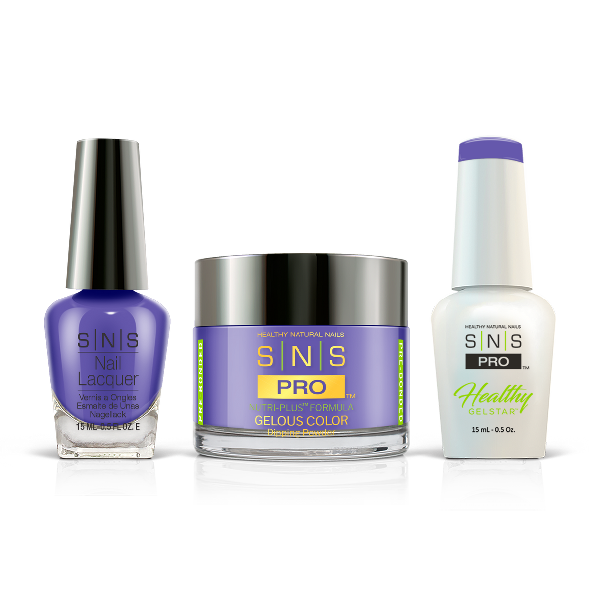 SNS 3-in-1 Set #047 Denim Blue: dip powder jar, GelStar gel polish and nail lacquer bottles, Beige Book Collection