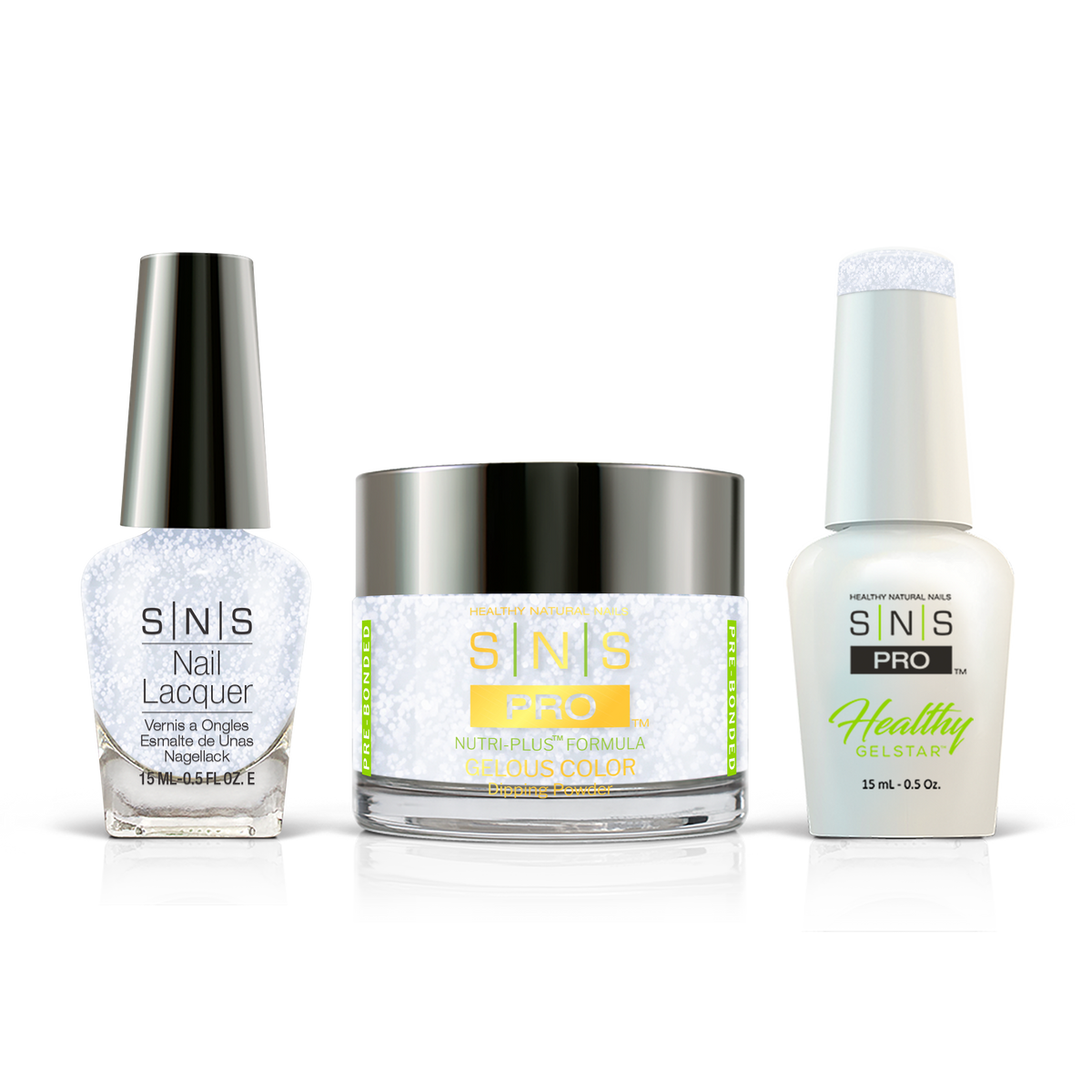 SNS 3-in-1 Set #065 White Glitter: dip powder jar, GelStar gel polish and nail lacquer bottles, Beige Book Collection