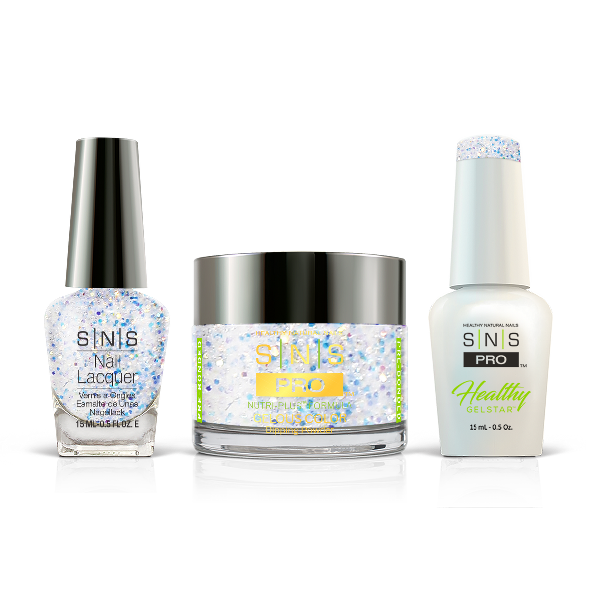 SNS 3-in-1 Set #068 Ice Blue Glitter: dip powder jar, GelStar gel polish and nail lacquer bottles, Beige Book Collection