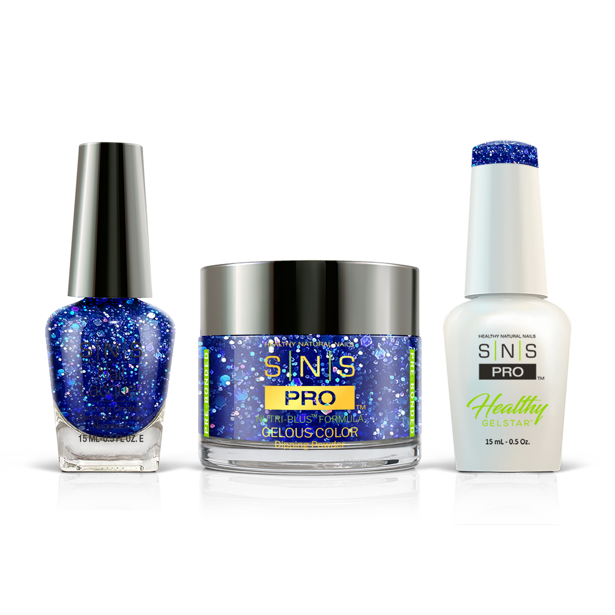 SNS 3-in-1 Set #069 Blue Glitter: dip powder jar, GelStar gel polish and nail lacquer bottles, Beige Book Collection