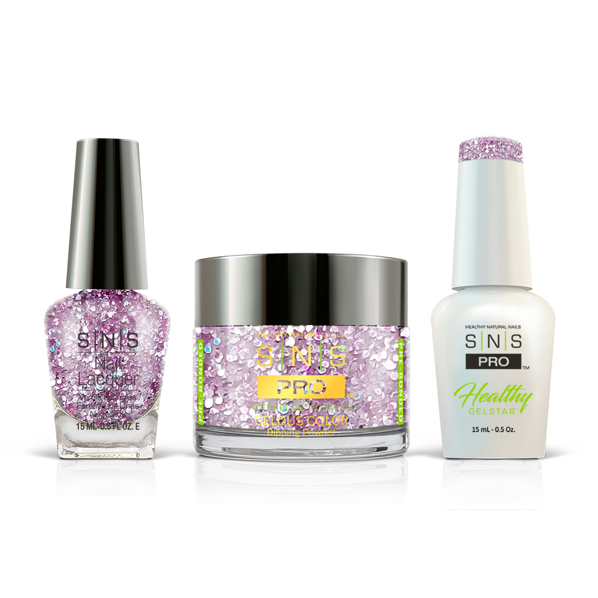 SNS 3-in-1 Set #072 Mauve Glitter: dip powder jar, GelStar gel polish and nail lacquer bottles, Beige Book Collection