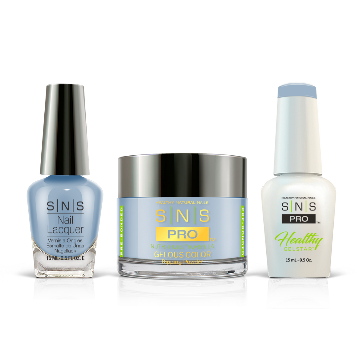 SNS 3-in-1 Set #103 Denim Blue: dip powder jar, GelStar gel polish and nail lacquer bottles, Beige Book Collection