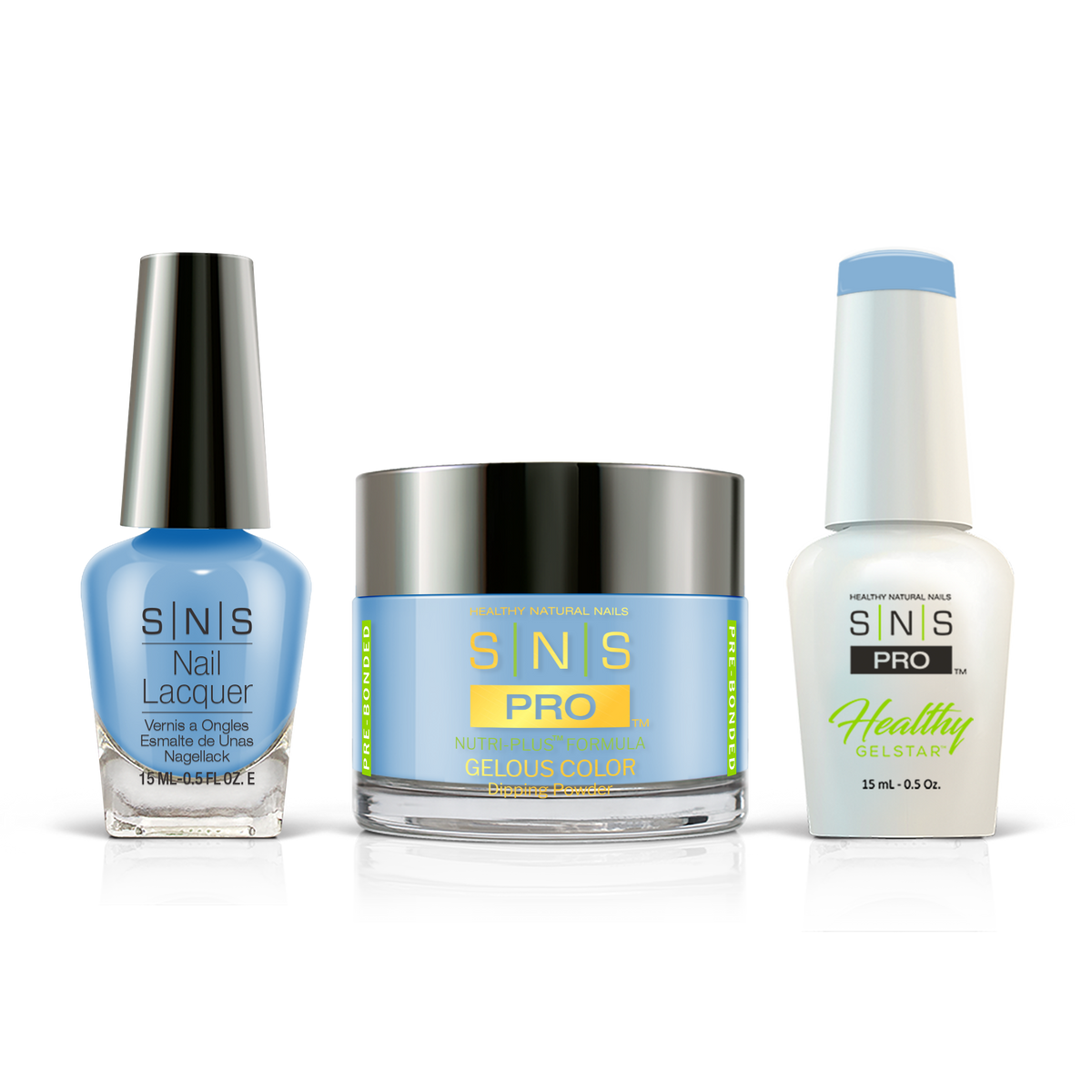 SNS 3-in-1 Set #104 Blue: dip powder jar, GelStar gel polish and nail lacquer bottles, Beige Book Collection
