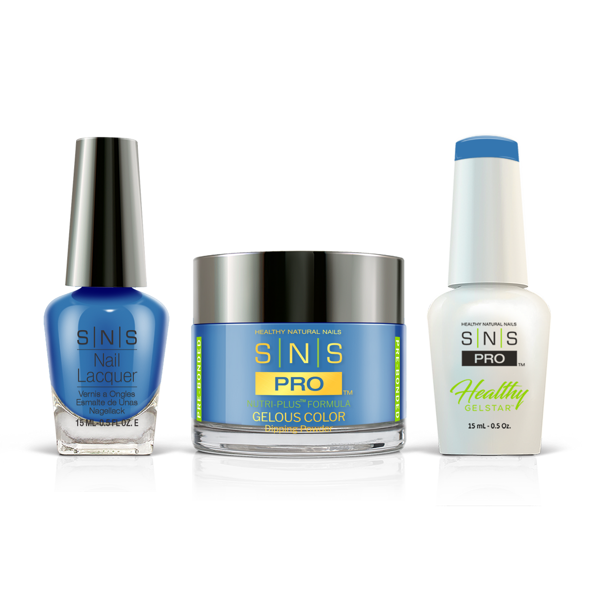 SNS 3-in-1 Set #116 Blue: dip powder jar, GelStar gel polish and nail lacquer bottles, Beige Book Collection