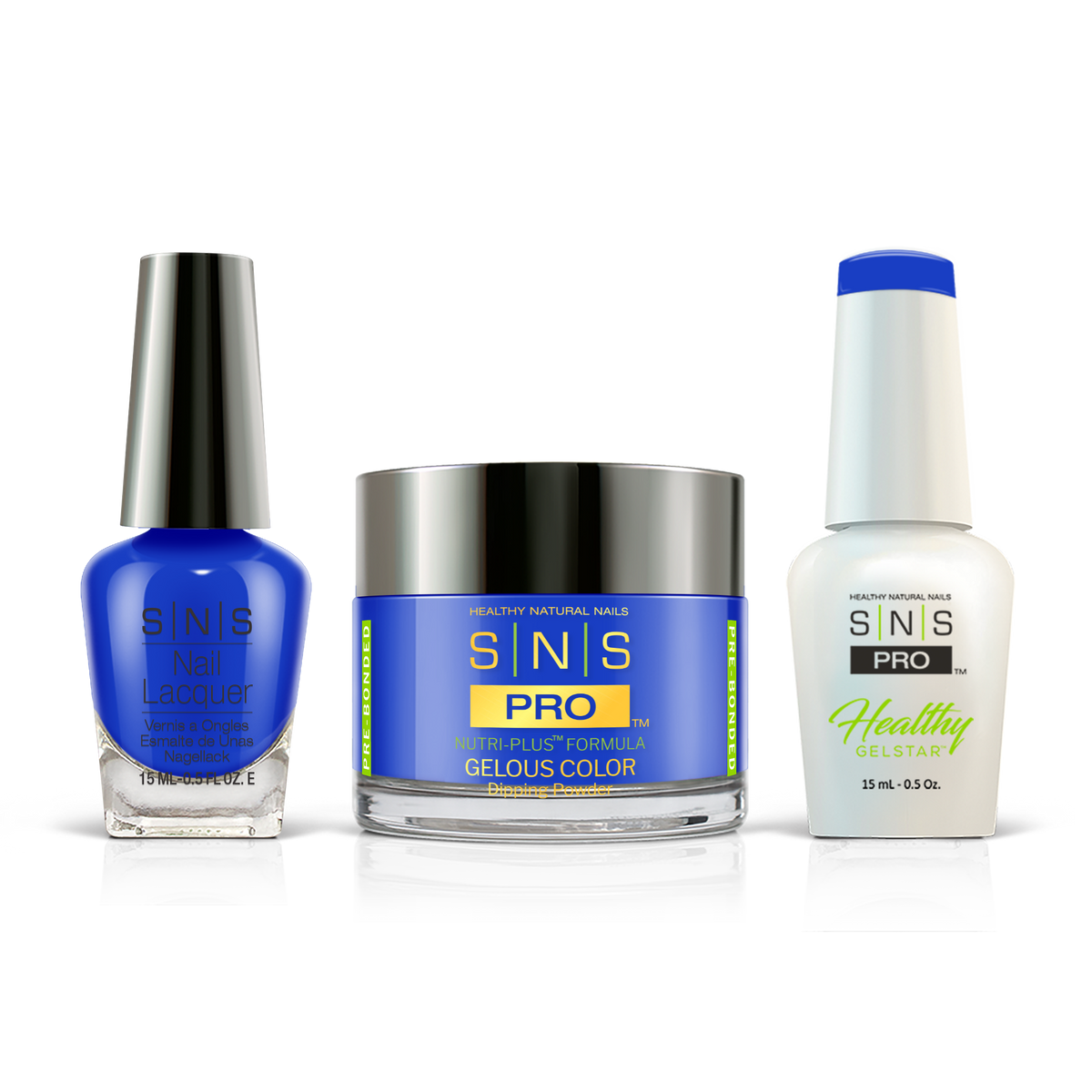 SNS 3-in-1 Set #117 Blue: dip powder jar, GelStar gel polish and nail lacquer bottles, Beige Book Collection