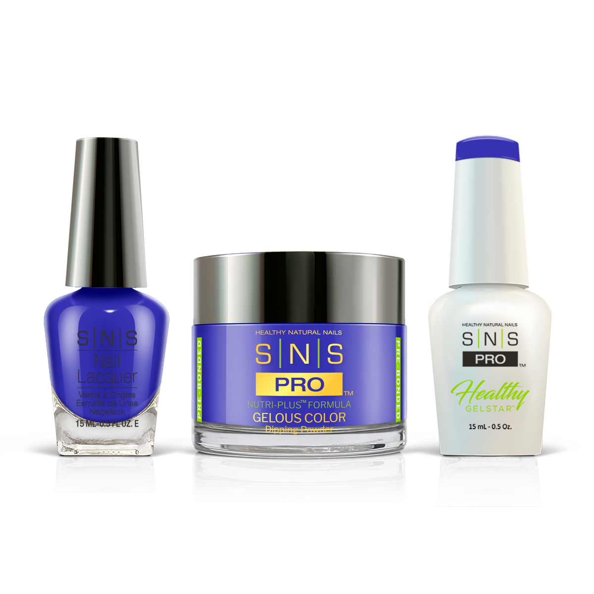 SNS 3-in-1 Set #118 Blue: dip powder jar, GelStar gel polish and nail lacquer bottles, Beige Book Collection