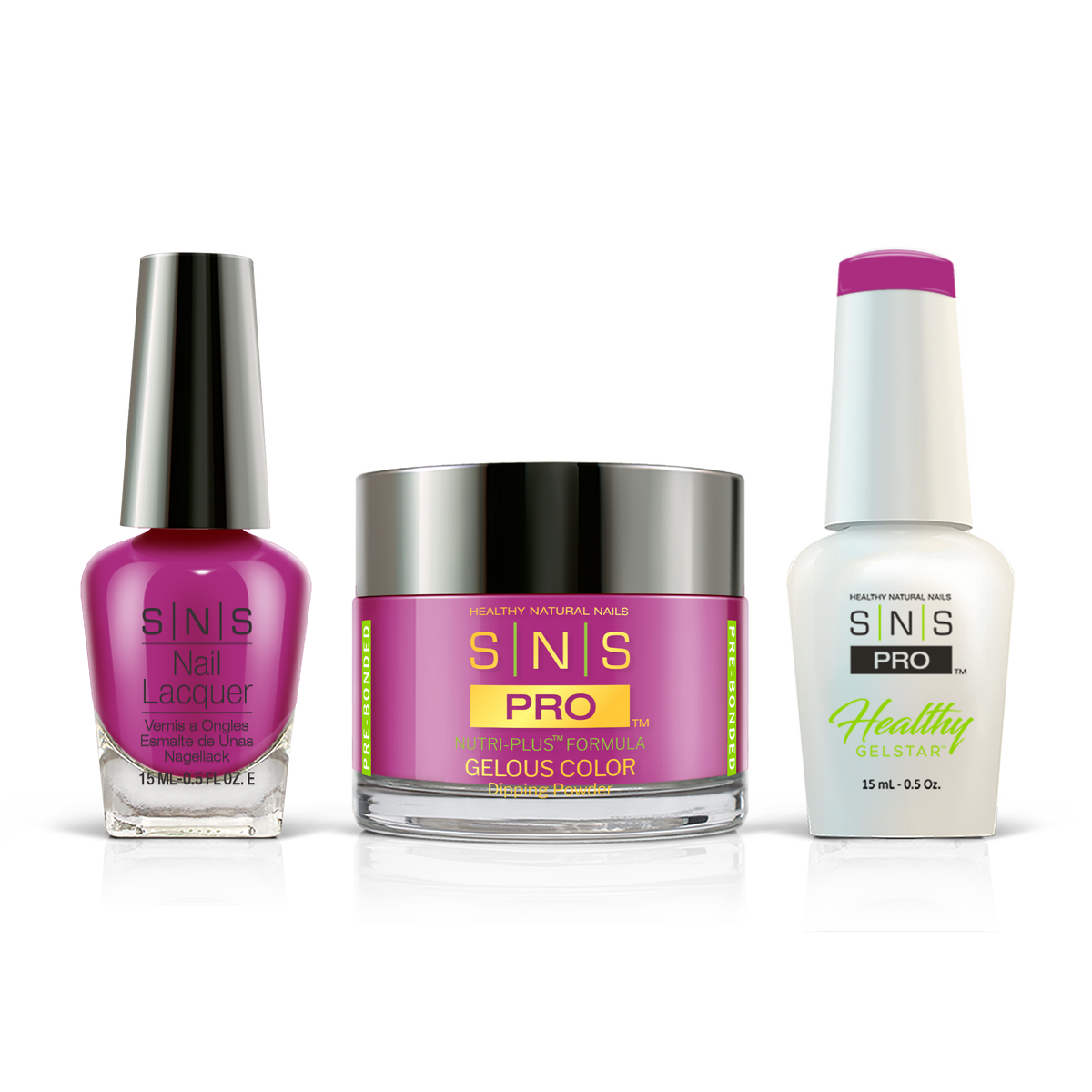 SNS 3-in-1 Set #125 Magenta: dip powder jar, GelStar gel polish and nail lacquer bottles, Beige Book Collection