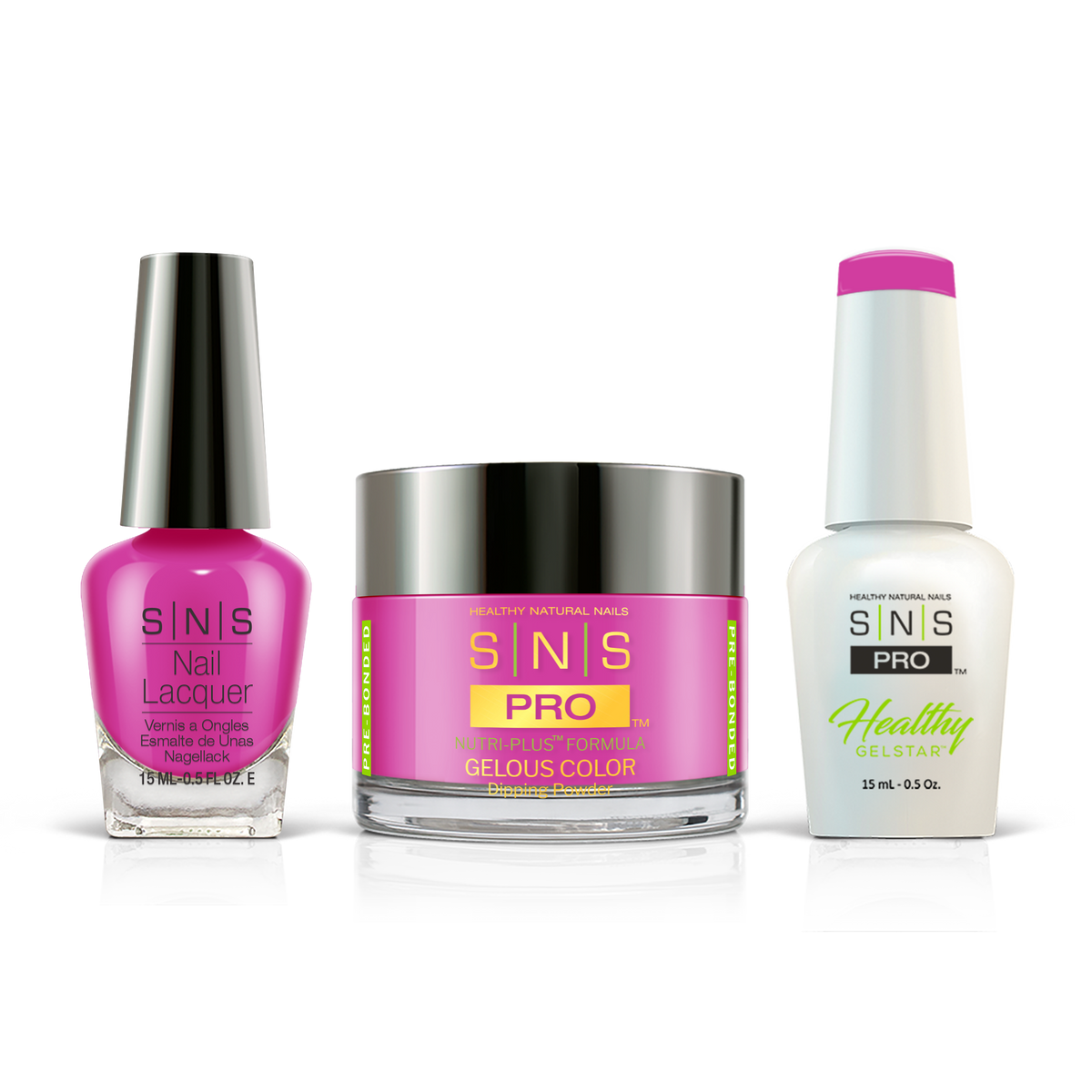 SNS 3-in-1 Set #129 Magenta: dip powder jar, GelStar gel polish and nail lacquer bottles, Beige Book Collection