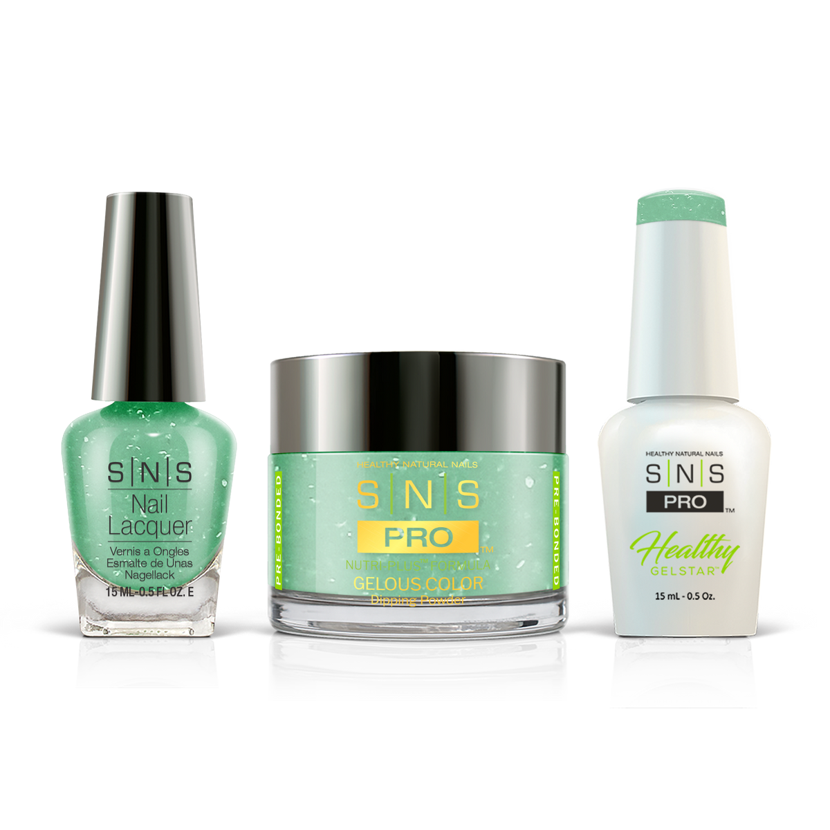 SNS 3-in-1 Set #138 Green: dip powder jar, GelStar gel polish and nail lacquer bottles, Beige Book Collection