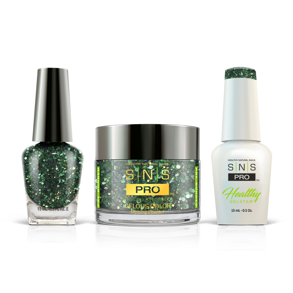 SNS 3-in-1 Set #142 Dark Green Glitter: dip powder jar, GelStar gel polish and nail lacquer bottles, Beige Book Collection