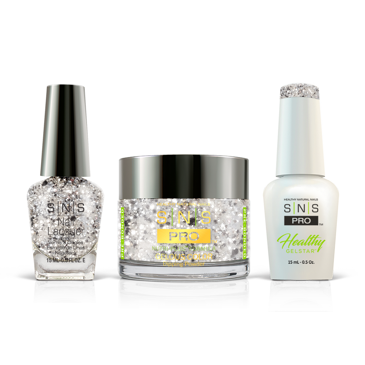 SNS 3-in-1 Set #143 Light Gray Glitter: dip powder jar, GelStar gel polish and nail lacquer bottles, Beige Book Collection