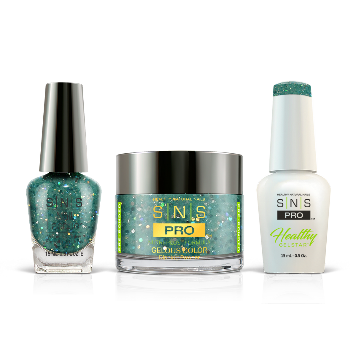 SNS 3-in-1 Set #144 Teal Glitter: dip powder jar, GelStar gel polish and nail lacquer bottles, Beige Book Collection