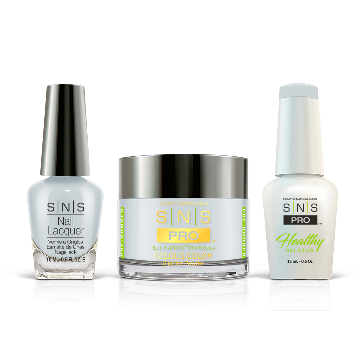 SNS 3-in-1 Set #003 Ice Blue: dip powder jar, GelStar gel polish and nail lacquer bottles, Blue Book Collection