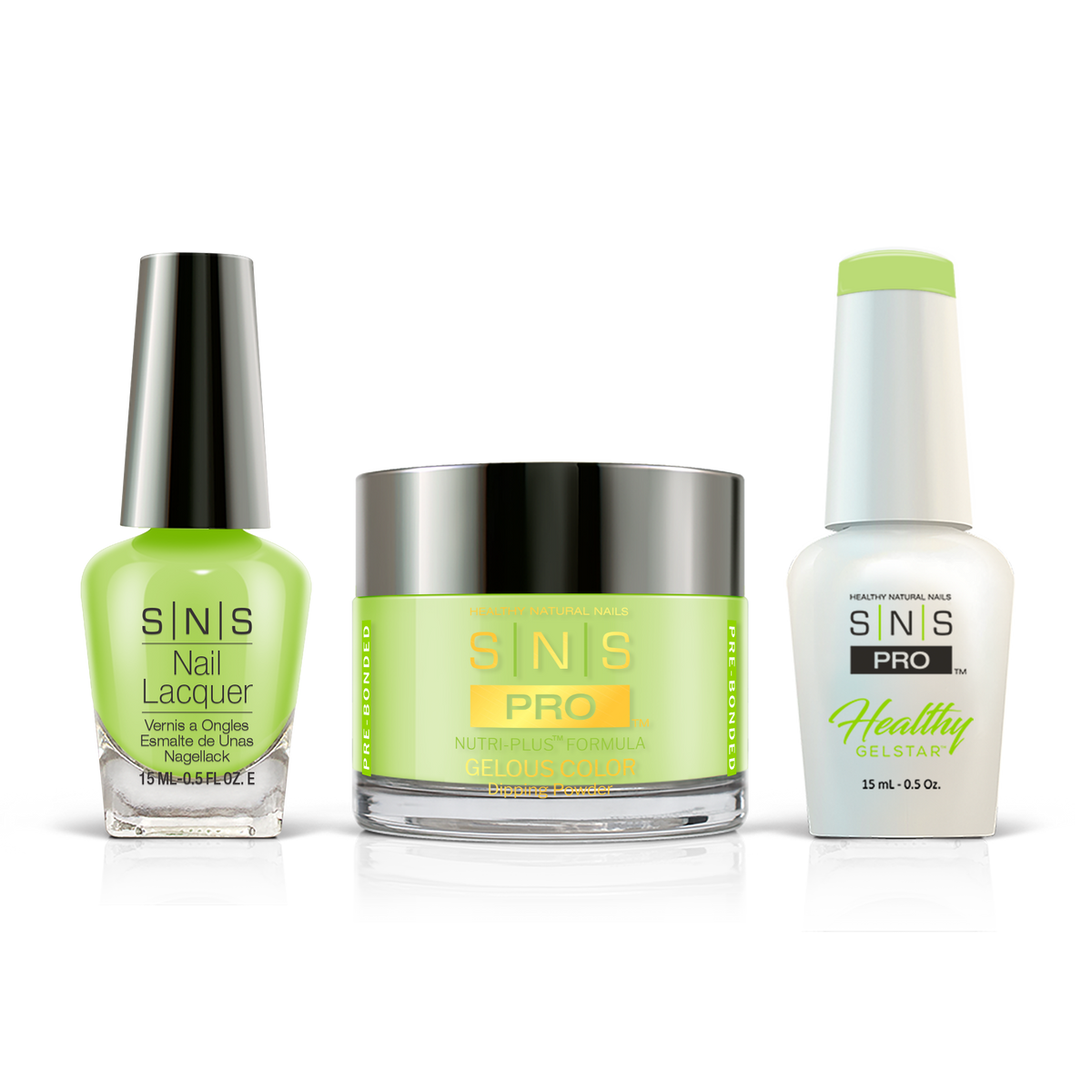 SNS 3-in-1 Set #006 Lime Green: dip powder jar, GelStar gel polish and nail lacquer bottles, Blue Book Collection