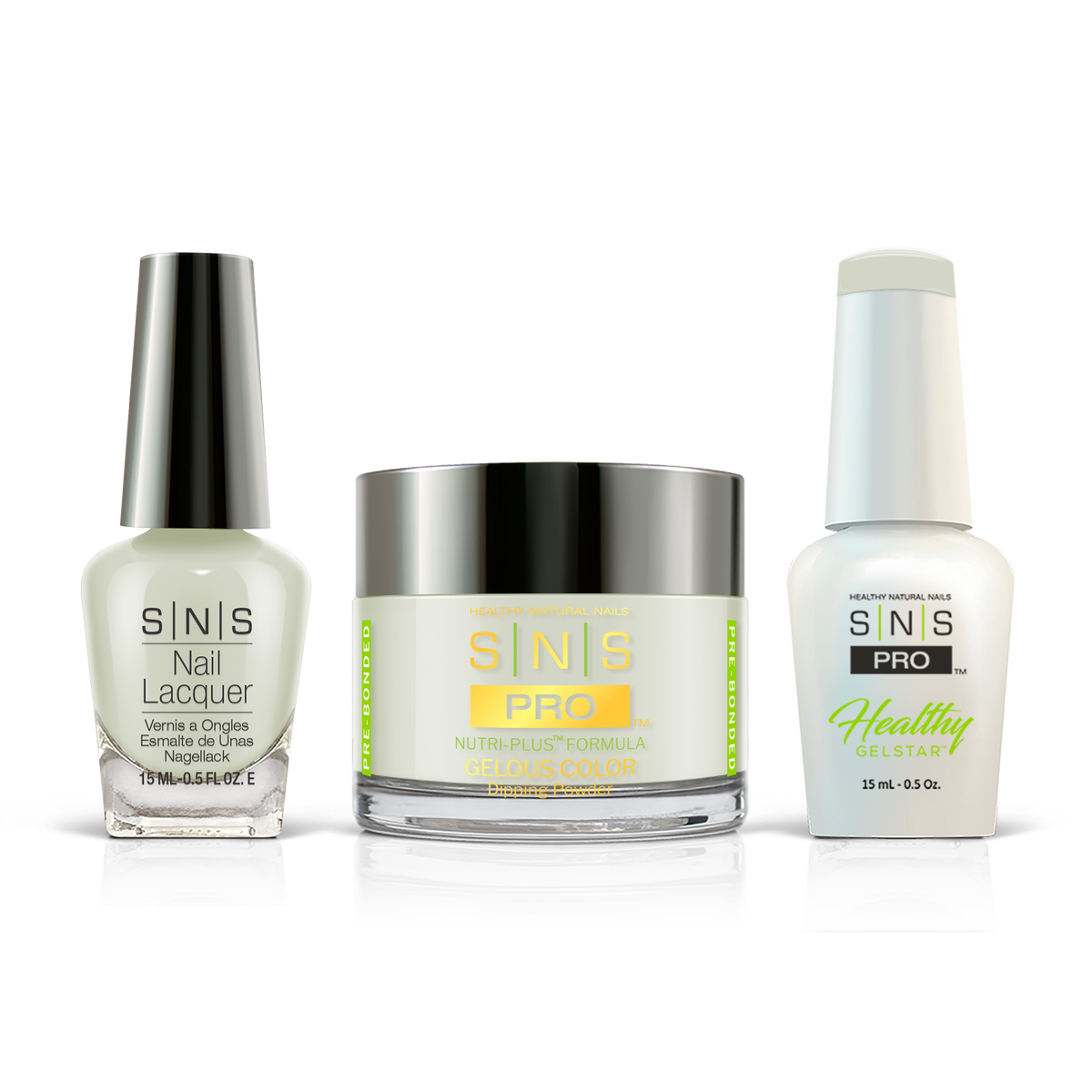 SNS 3-in-1 Set #019 Pale Sage: dip powder jar, GelStar gel polish and nail lacquer bottles, Blue Book Collection