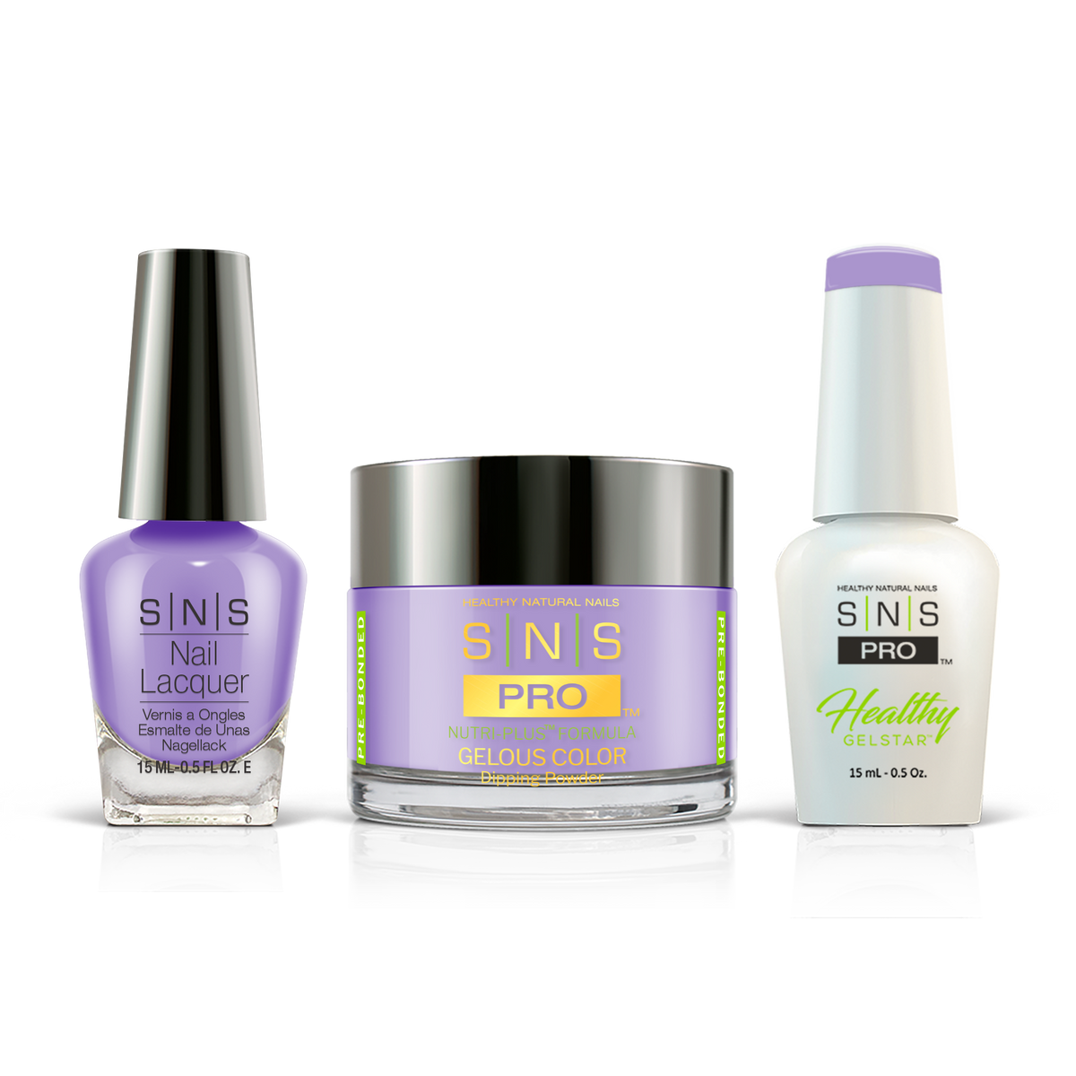 SNS 3-in-1 Set #024 Lavender: dip powder jar, GelStar gel polish and nail lacquer bottles, Blue Book Collection