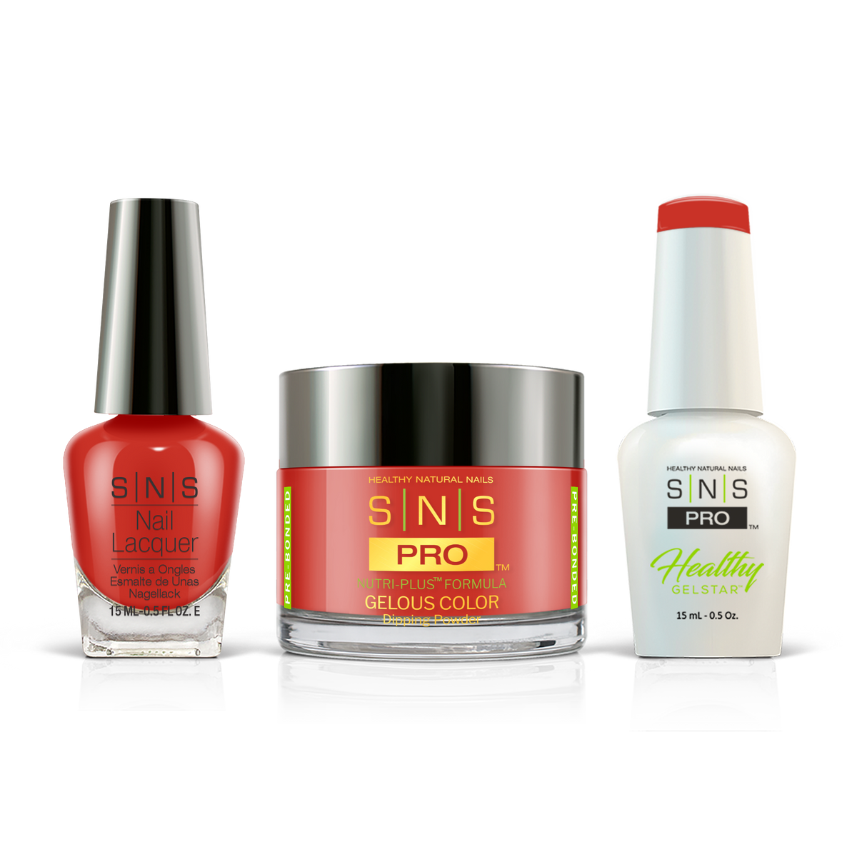 SNS 3-in-1 Set #032 Red: dip powder jar, GelStar gel polish and nail lacquer bottles, Blue Book Collection