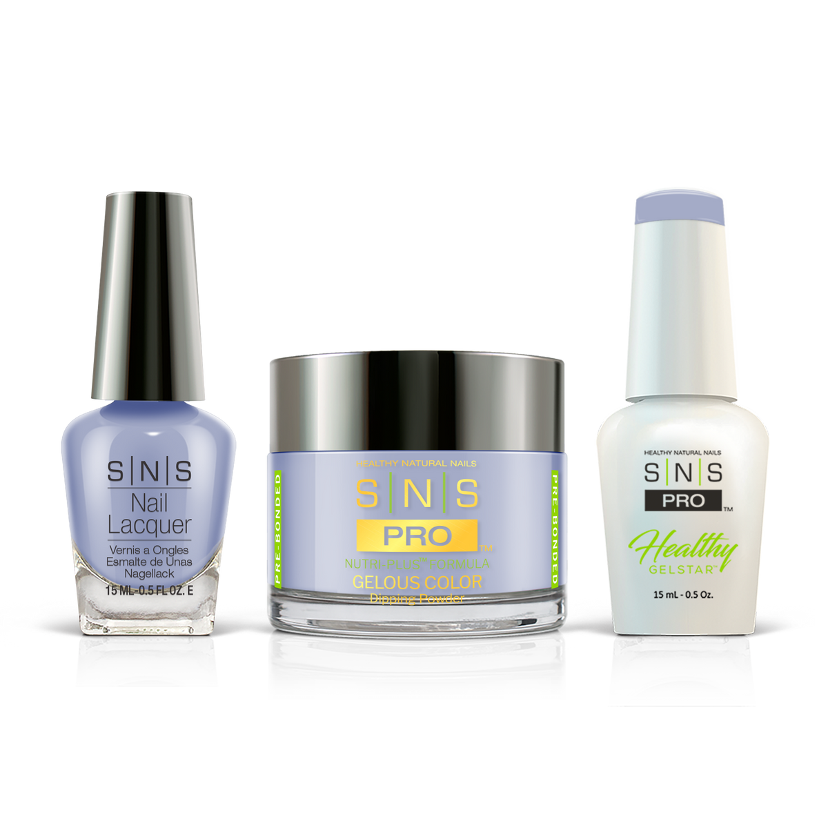 SNS 3-in-1 Set #042 Denim Blue: dip powder jar, GelStar gel polish and nail lacquer bottles, Blue Book Collection