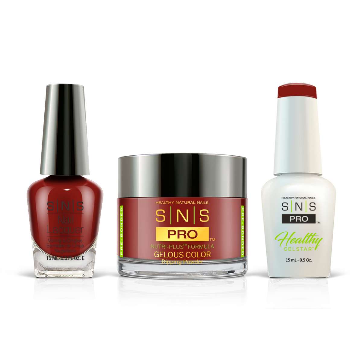 SNS 3-in-1 Set #054 Deep Red: dip powder jar, GelStar gel polish and nail lacquer bottles, Blue Book Collection