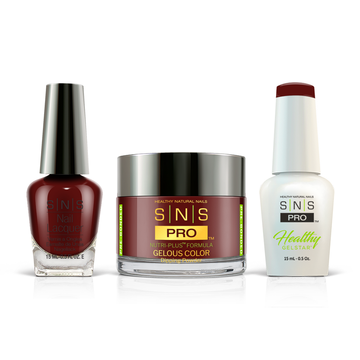 SNS 3-in-1 Set #055 Deep Red: dip powder jar, GelStar gel polish and nail lacquer bottles, Blue Book Collection