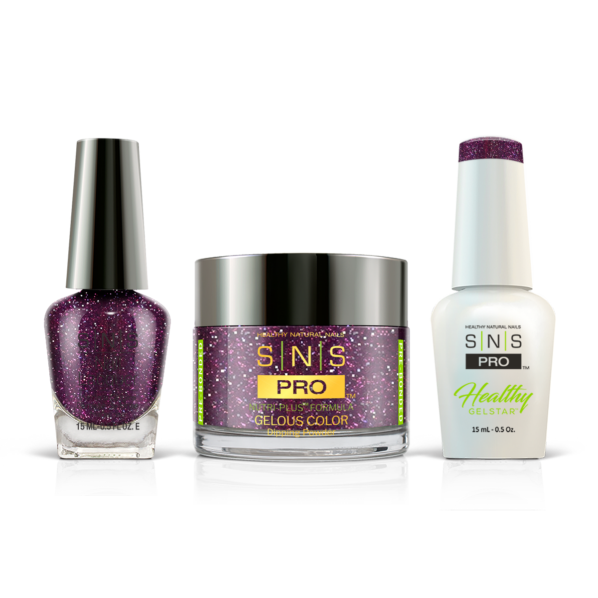 SNS 3-in-1 Set #068 Plum Glitter: dip powder jar, GelStar gel polish and nail lacquer bottles, Blue Book Collection