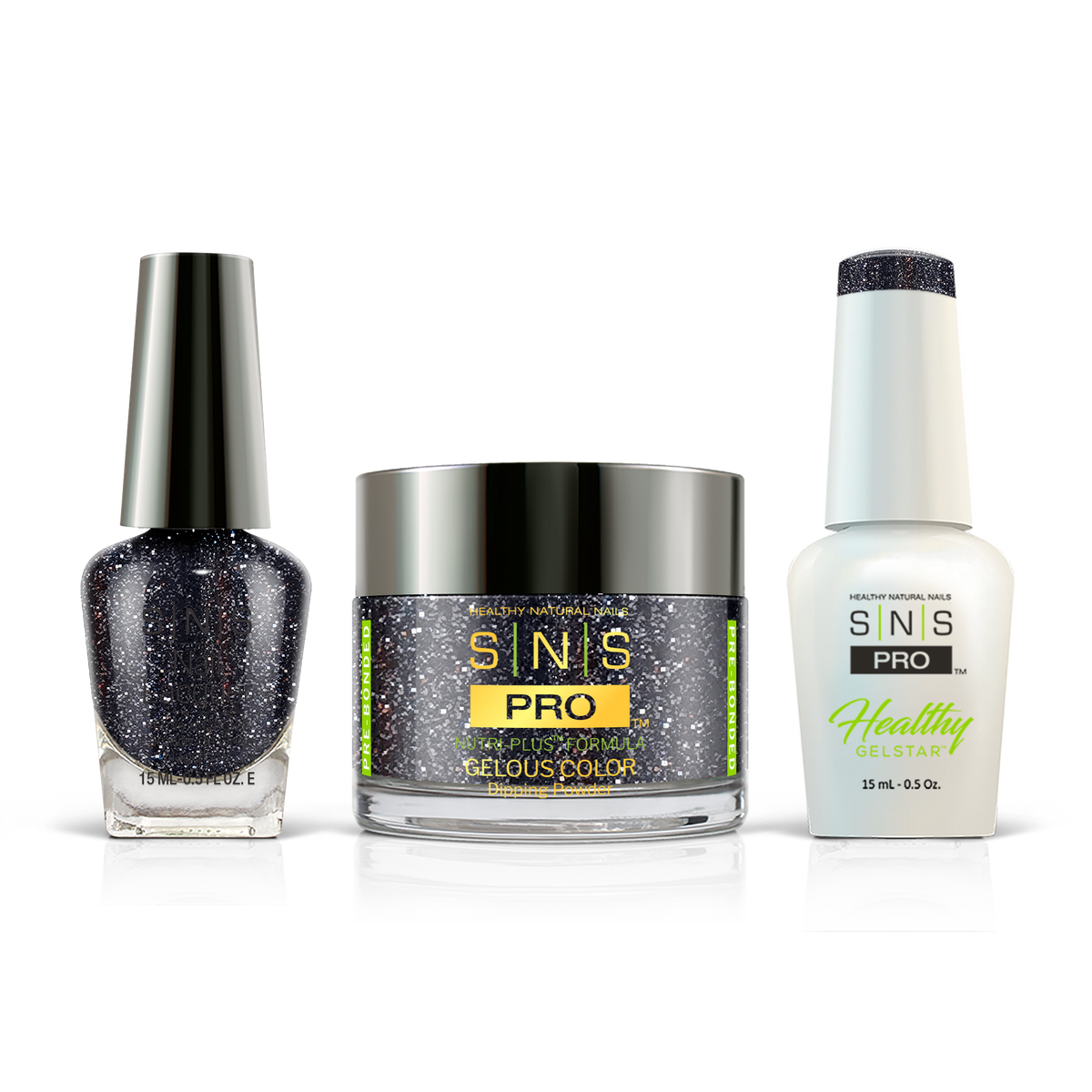 SNS 3-in-1 Set #072 Navy Blue Glitter: dip powder jar, GelStar gel polish and nail lacquer bottles, Blue Book Collection