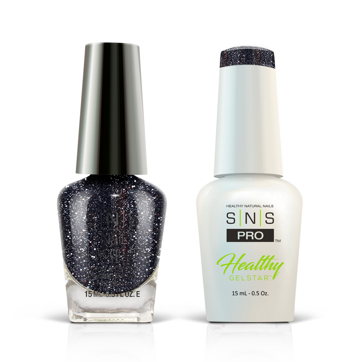 SNS Blue Book #072 black glitter GelStar gel and nail lacquer duo, 0.5 oz each