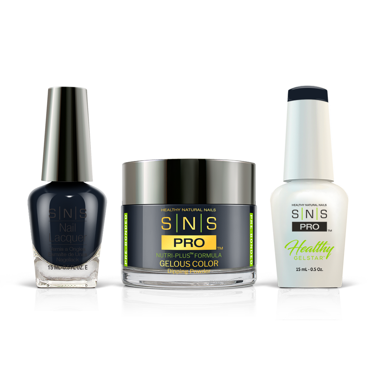 SNS 3-in-1 Set #135 Navy Blue: dip powder jar, GelStar gel polish and nail lacquer bottles, Blue Book Collection