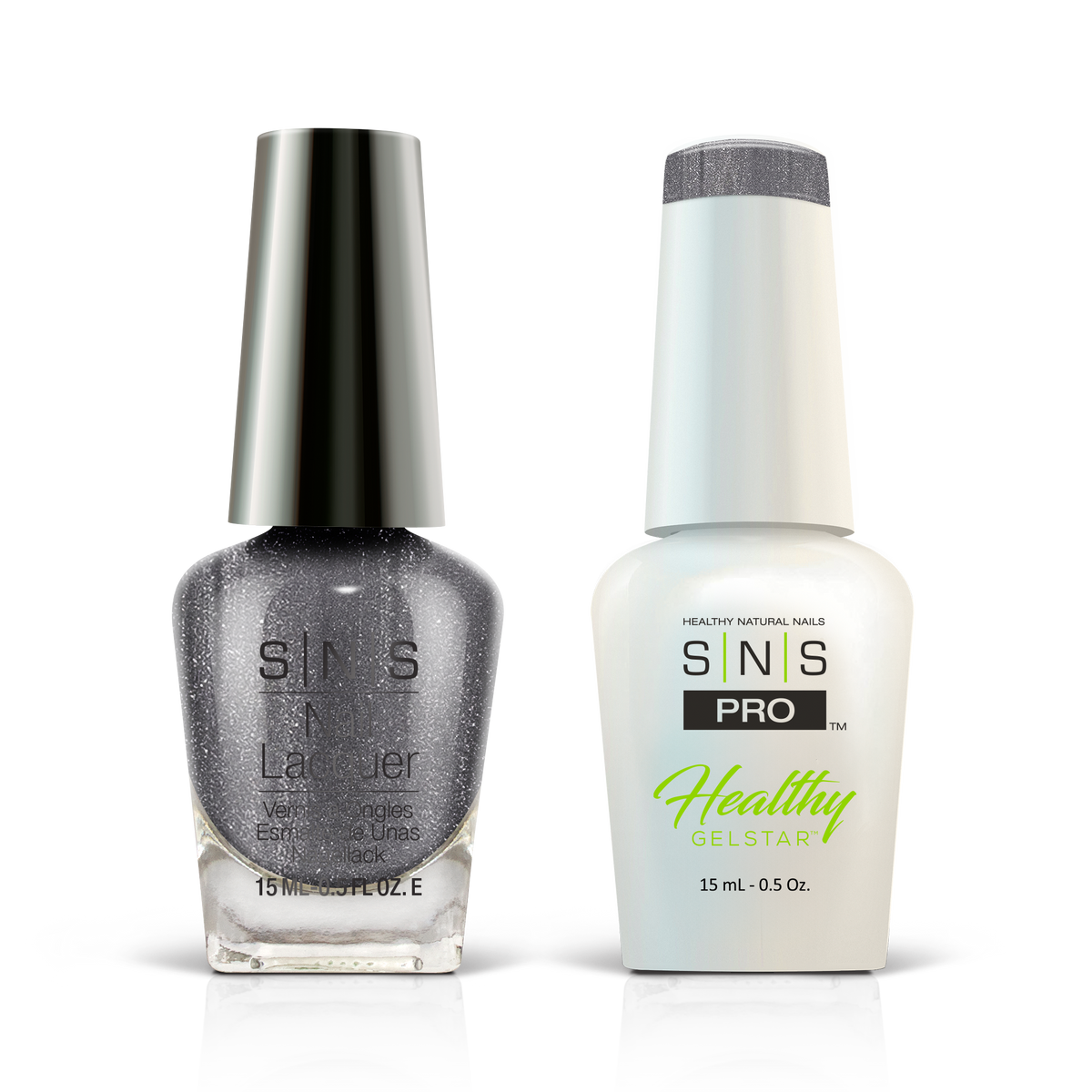 SNS Blue Book #137 gunmetal glitter GelStar gel and nail lacquer duo, 0.5 oz each
