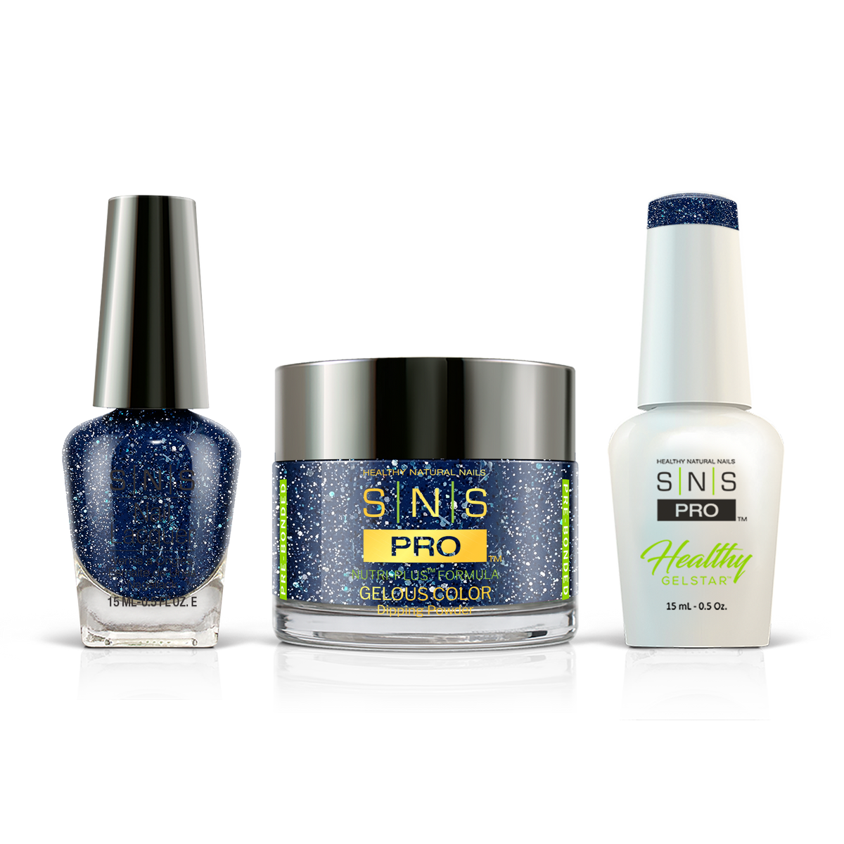 SNS Blue Book #138 navy blue glitter 3-in-1 set: dipping powder, GelStar gel and nail lacquer