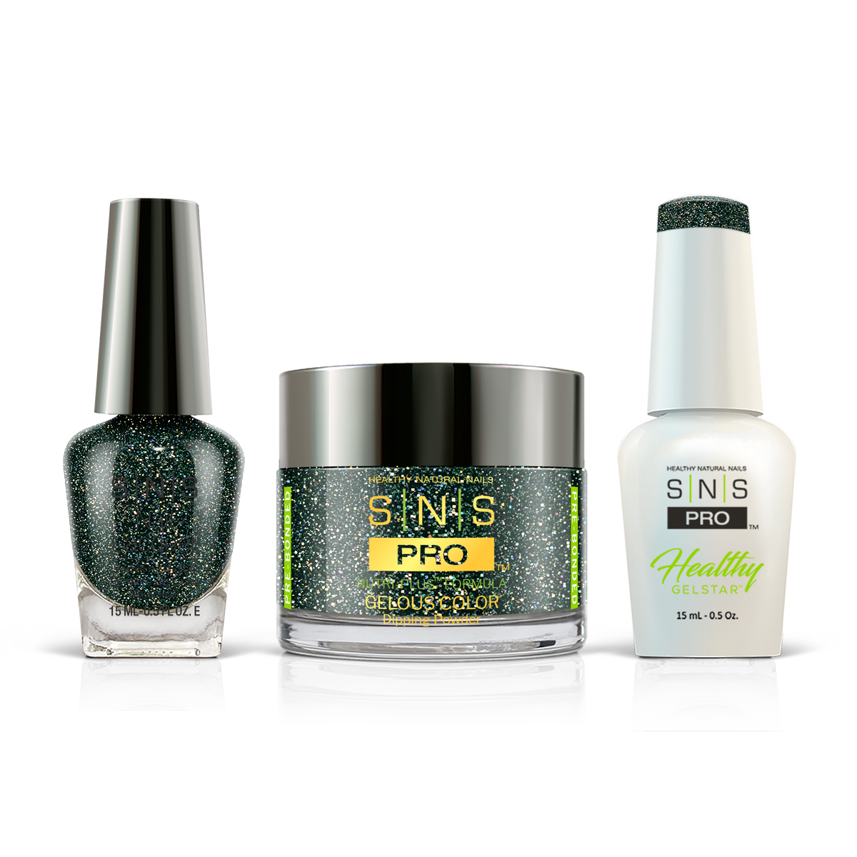 SNS 3-in-1 Set #143 Deep Teal Glitter: dip powder jar, GelStar gel polish and nail lacquer bottles, Blue Book Collection