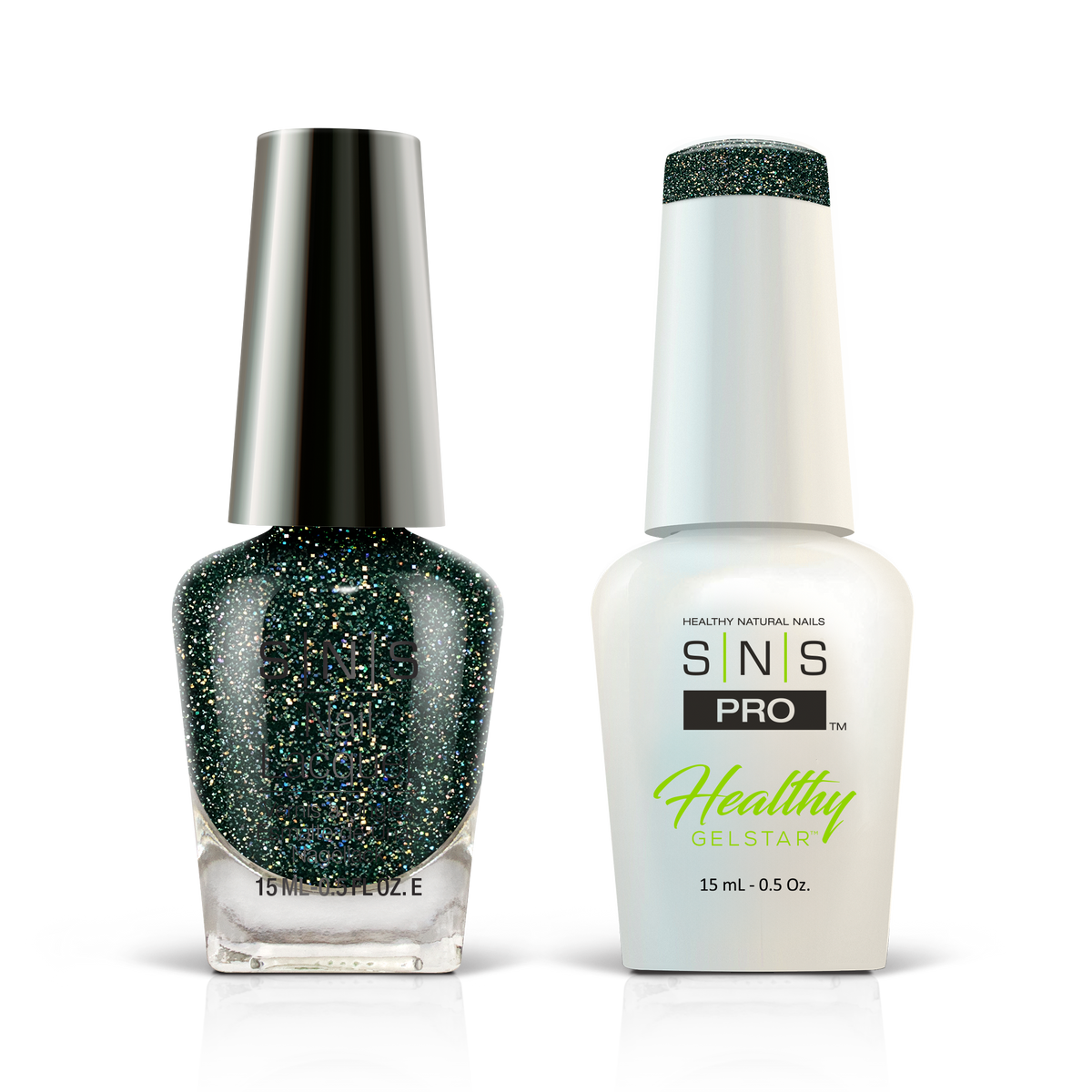SNS Blue Book #143 emerald green glitter GelStar gel and nail lacquer duo, 0.5 oz each