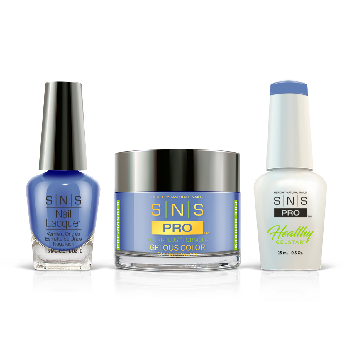 SNS 3-in-1 Set #029 Denim Blue: dip powder jar, GelStar gel polish and nail lacquer bottles, Burgundy Book Collection
