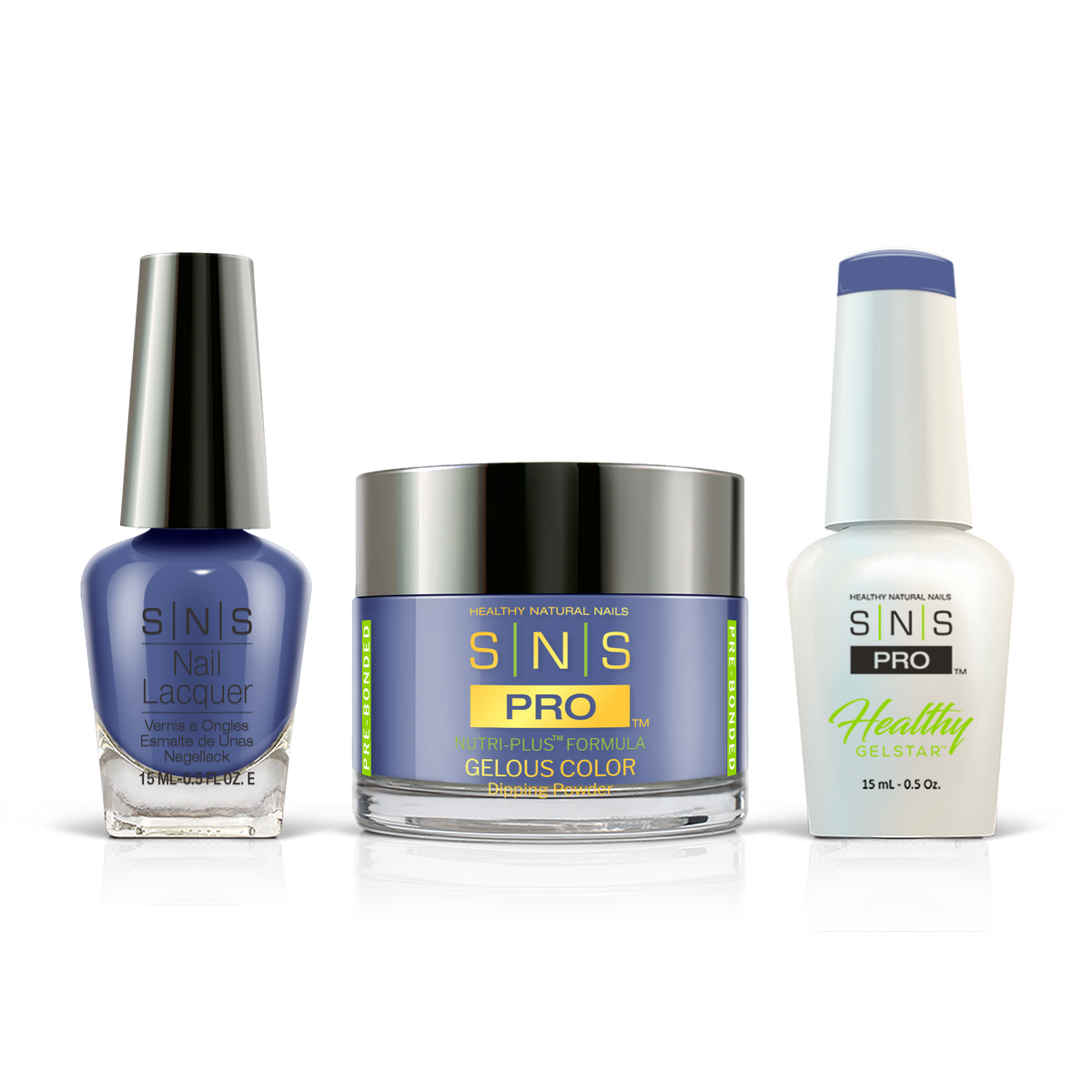 SNS 3-in-1 Set #039 Denim Blue: dip powder jar, GelStar gel polish and nail lacquer bottles, Burgundy Book Collection