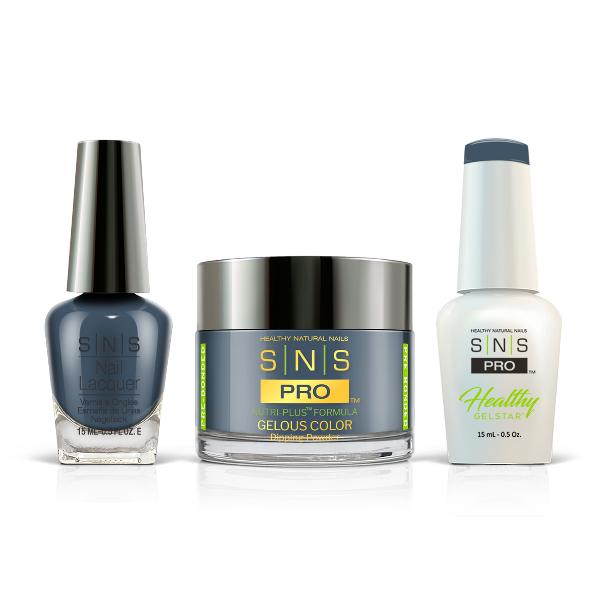 SNS 3-in-1 Set #055 Denim Blue: dip powder jar, GelStar gel polish and nail lacquer bottles, Burgundy Book Collection