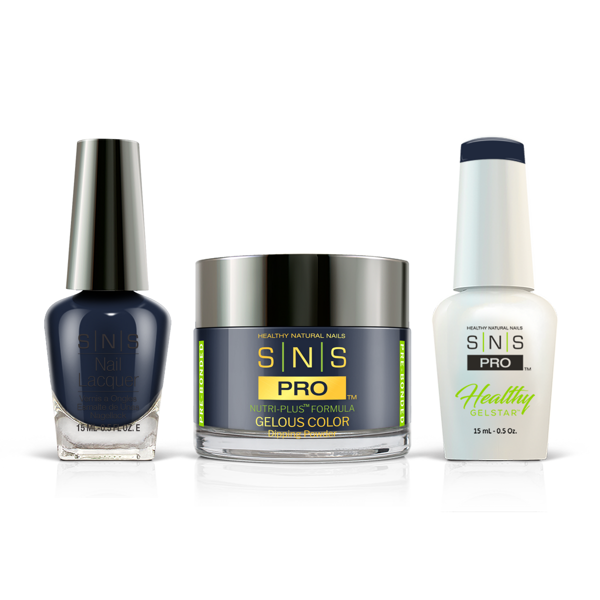SNS 3-in-1 Set #057 Navy Blue: dip powder jar, GelStar gel polish and nail lacquer bottles, Burgundy Book Collection