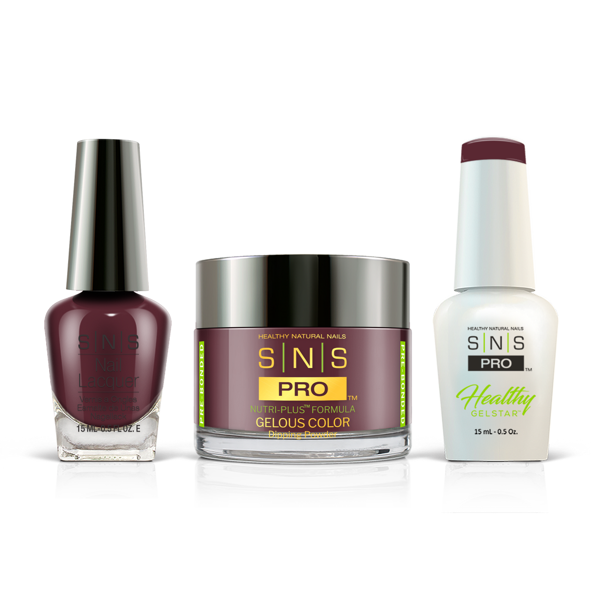 SNS 3-in-1 Set #063 Deep Red: dip powder jar, GelStar gel polish and nail lacquer bottles, Burgundy Book Collection
