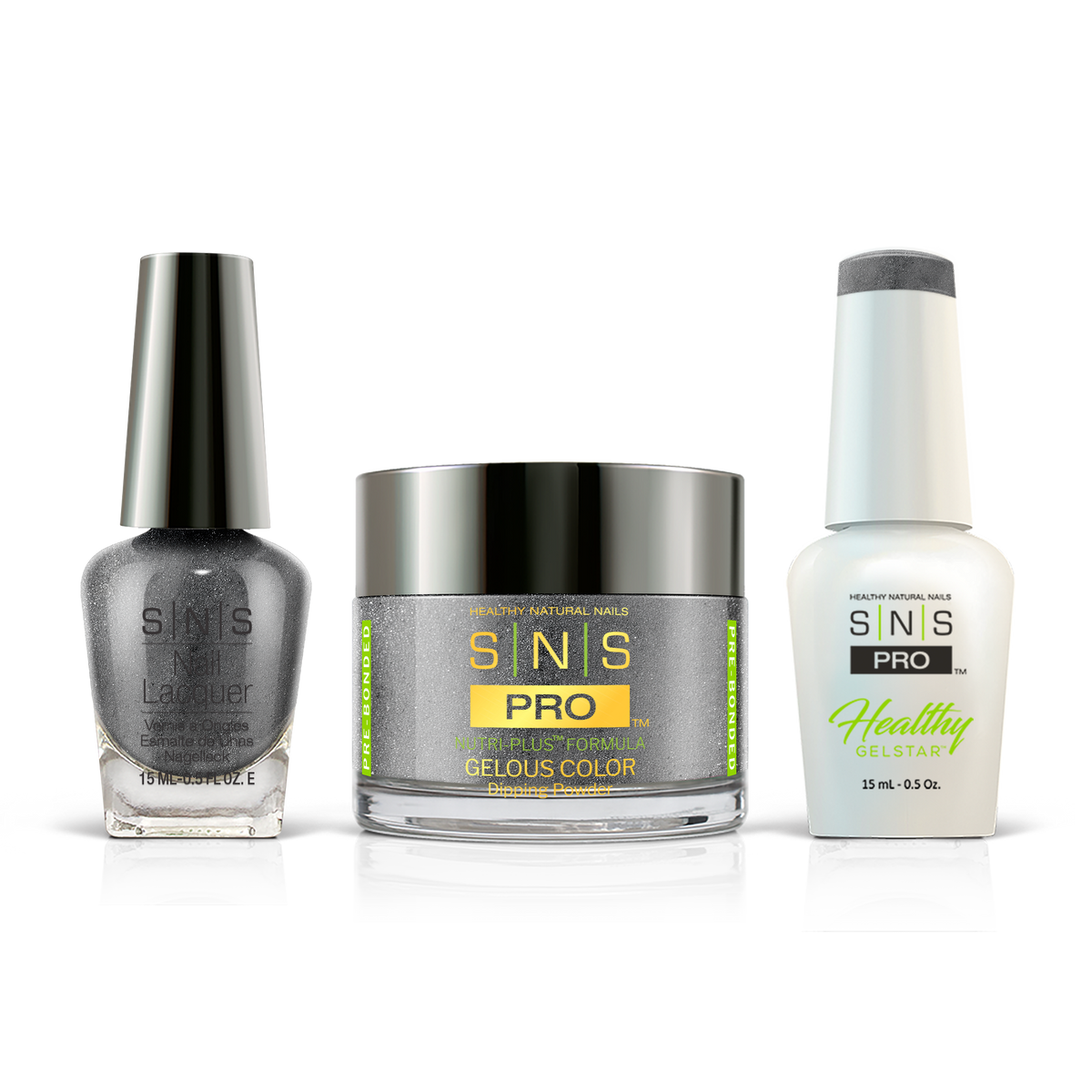 SNS 3-in-1 Set #067 Gray Glitter: dip powder jar, GelStar gel polish and nail lacquer bottles, Burgundy Book Collection