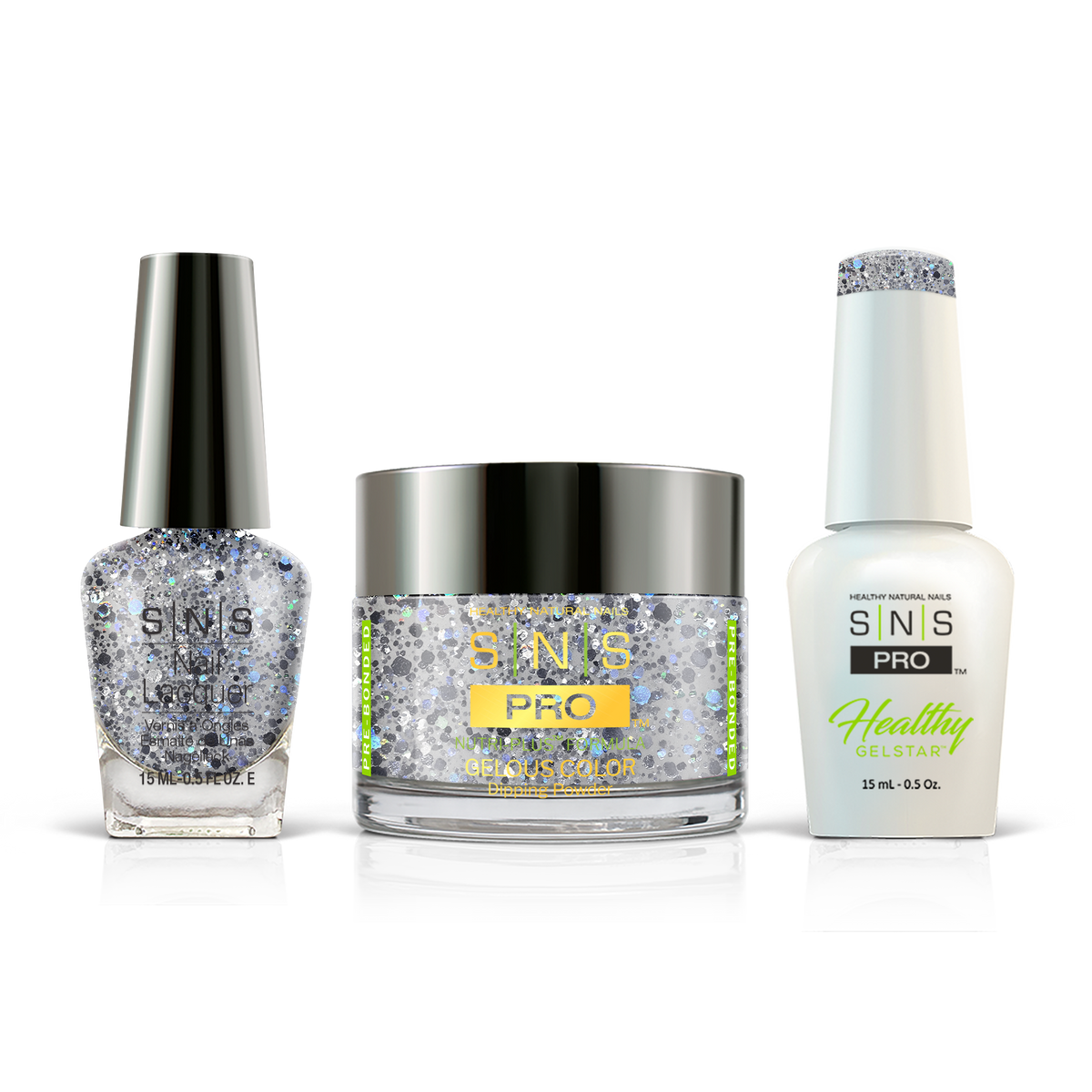SNS 3-in-1 Set #069 Gray Glitter: dip powder jar, GelStar gel polish and nail lacquer bottles, Burgundy Book Collection